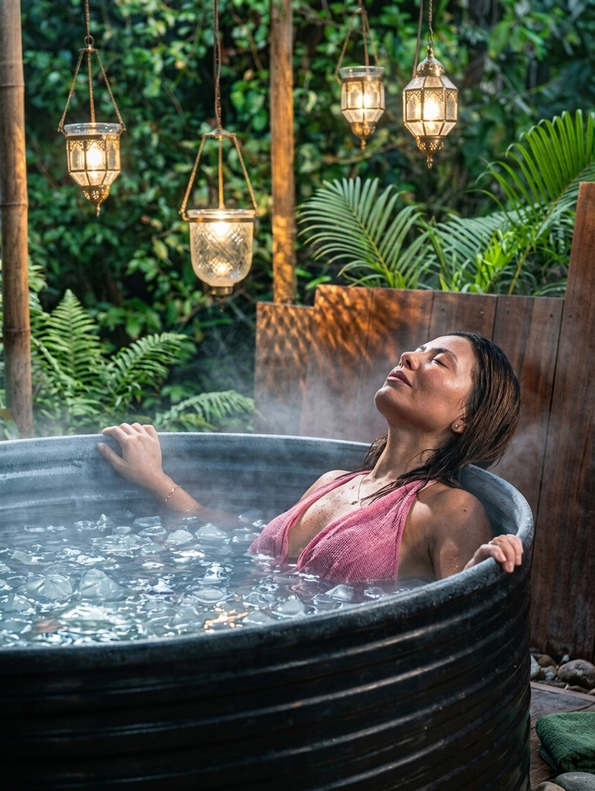 Guest relaxing in an ice-filled cold plunge tub