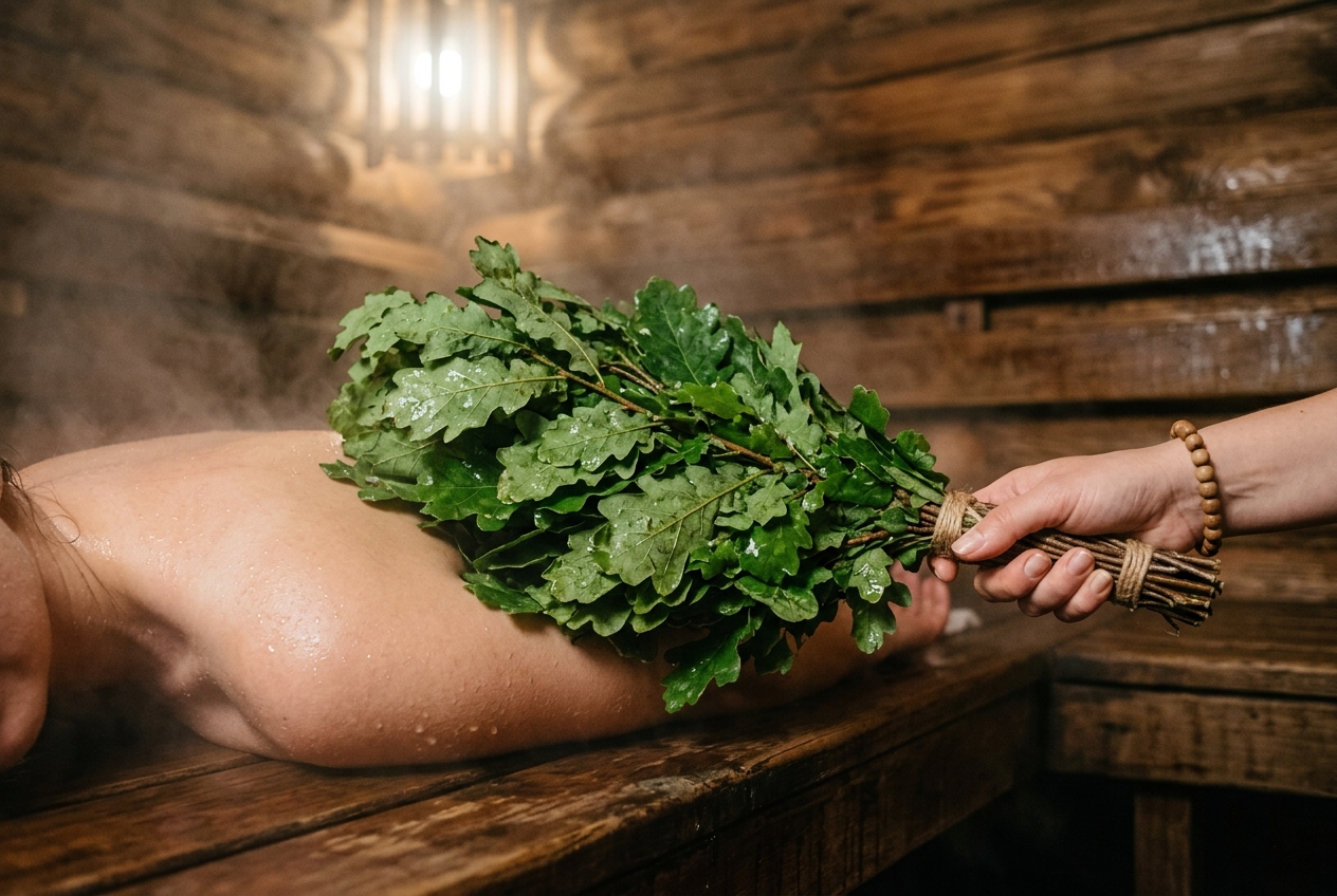 Hands holding a venik during the whisking ritual