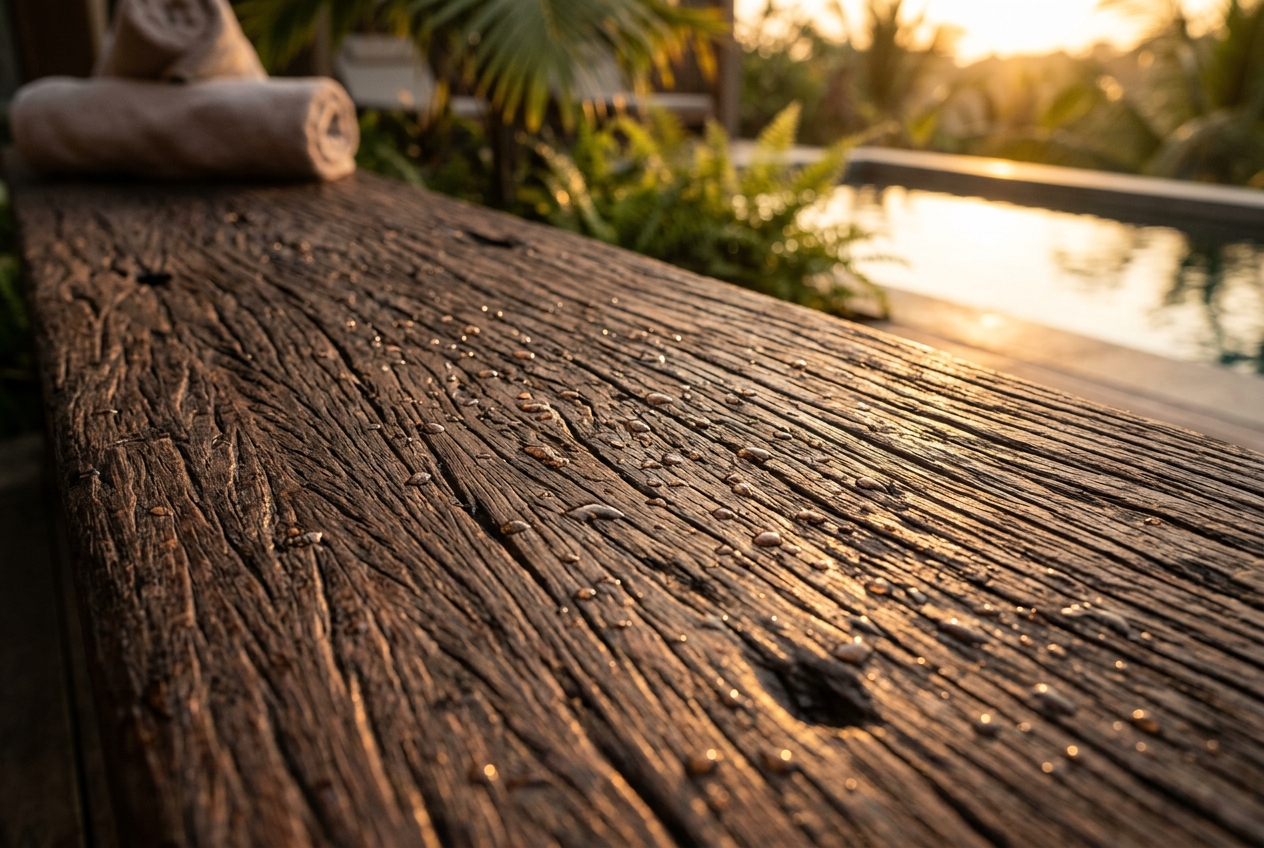 Warm wood detail near the wash area