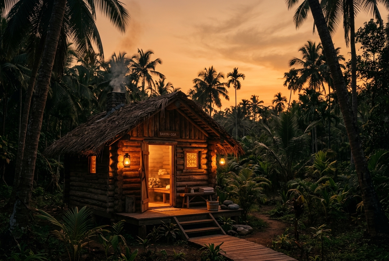 Hidden Oak mud-and-wood banya at golden hour among palms
