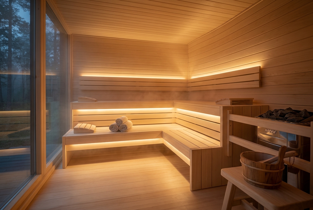 Wooden benches in the steam room