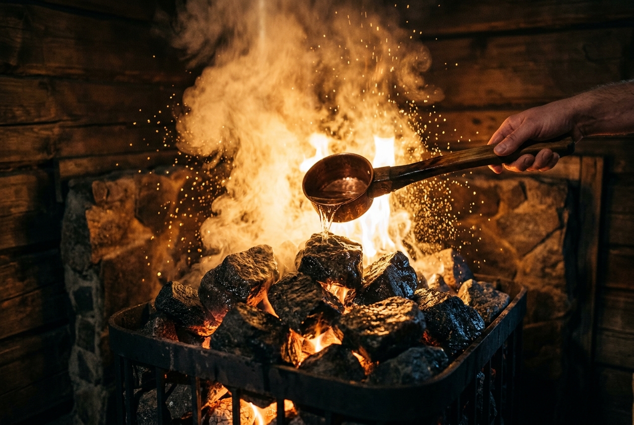 Steam rising in the wood-fired sauna
