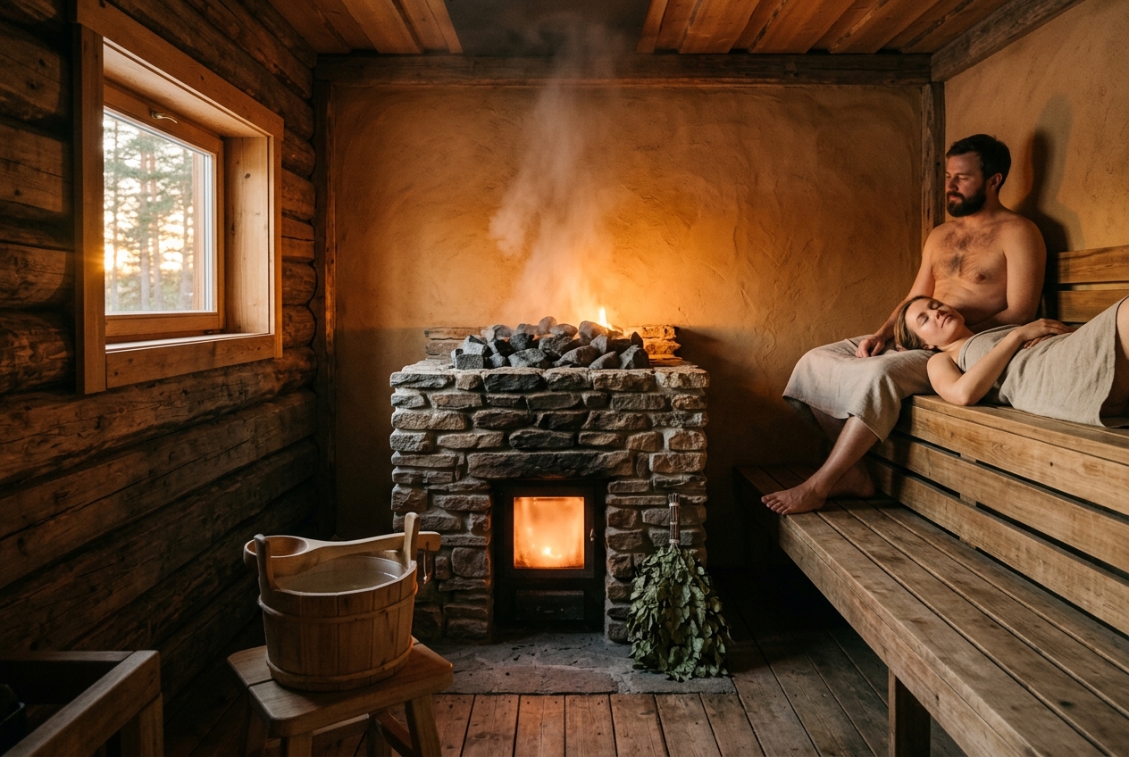 Wood stove glowing inside the Hidden Oak sauna